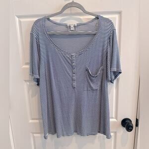 Lacoste Large Blue White Striped Henley Blouse Shirt Coastal Preppy French